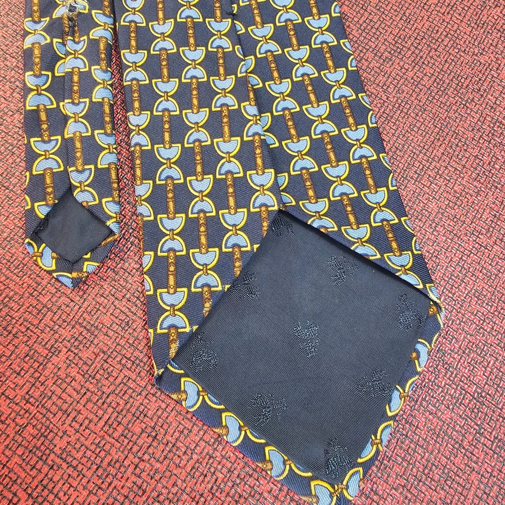 Vintage 80s Brooks Brothers Makers Silk Tie Navy Gold Equestrian Ivy League USA - Picture 5 of 8